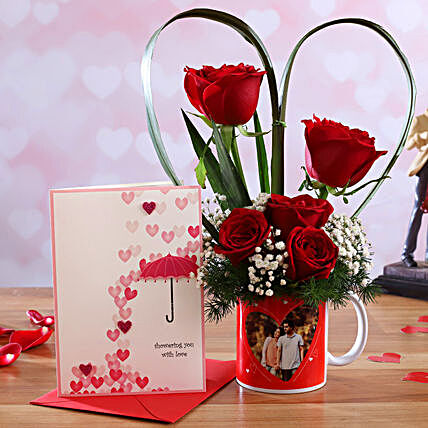 Red Roses In Personalised Cute Mug and Love Umbrella Card
