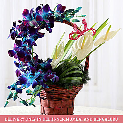 orchid and anthurium in basket arrangement