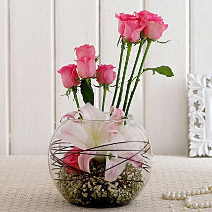 Roses and Lilies Vase Arrangement:Flower Arrangement In Vase