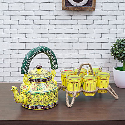 Beautiful Handpainted Kettle And 6 Glasses With Stand:Send Home Decor Gifts