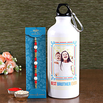 pearl rakhi with personalised bottle:Rakhi With Personalised Gifts