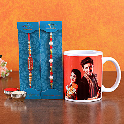 Send Personalised Mug with 2 Rakhi Set Online