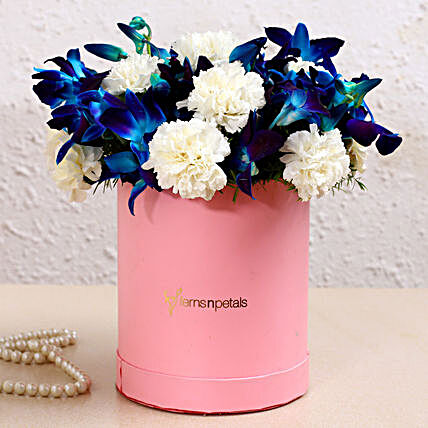 Blue Orchids & White Carnations In FNP Signature Box