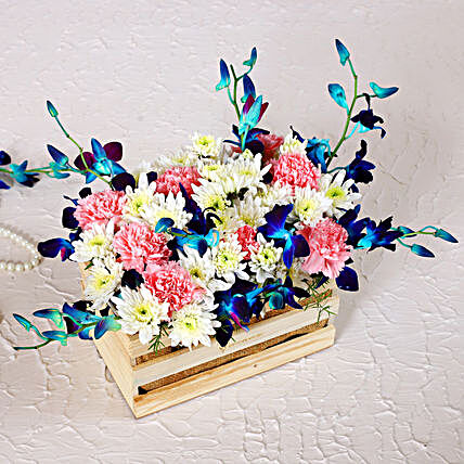 Orchids & Mixed Flowers Wooden Basket Arrangement