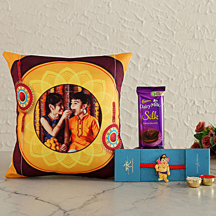 Ganesha Rakhi N Photo Cushion With Silk Hand Delivery