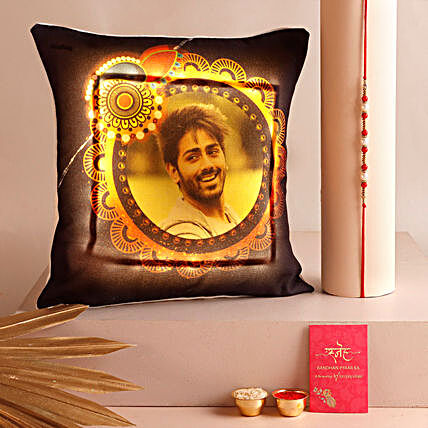 Pearl Rakhi N Personalised LED Cushion Hand Delivery