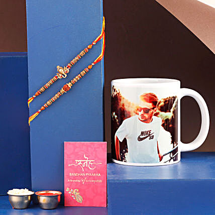Set of 2 Rakhi N Personalised Mug Hand Delivery:Rakhi With Personalised Gifts