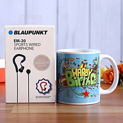 Blaupunkt Sports Earphones and Birthday White Mug