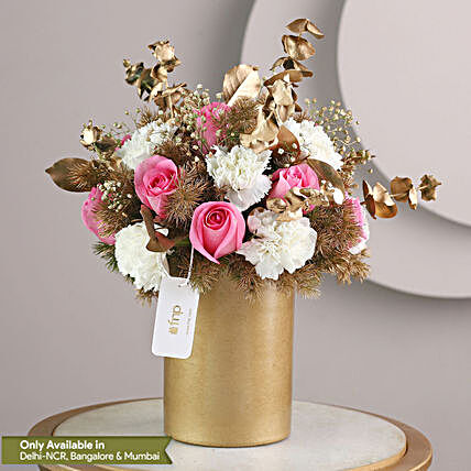 Exotic Carnations N Light Pink Roses Vase:Premium Flowers