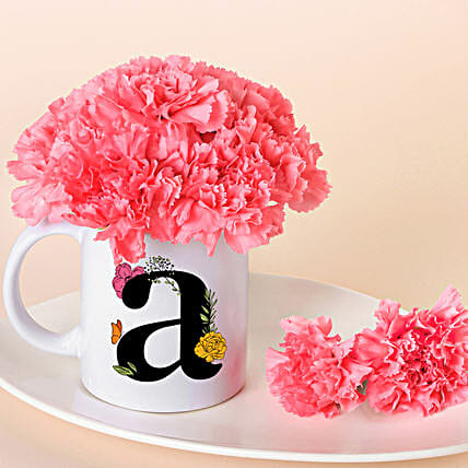 Personalised Initial Mug with Pink Carnations