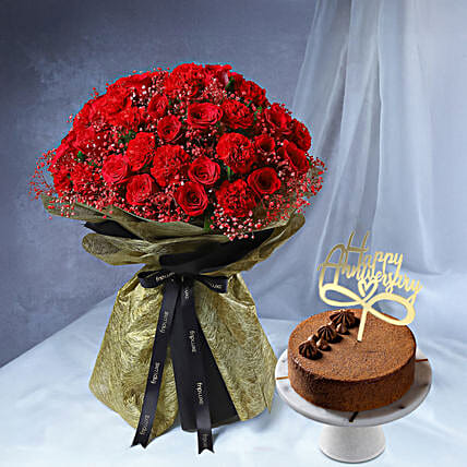 Grand Gesture Rose Bouquet N Brownie Cheesecake
