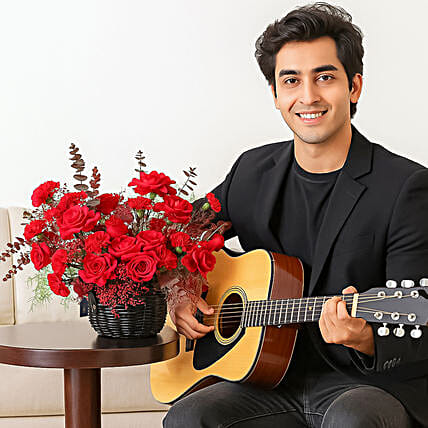 Romantic Red Floral Basket with Live Guitarist Surprise-picture-44