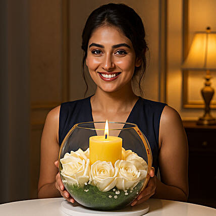 Graceful Lemongrass Candle N White Roses