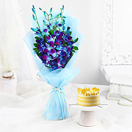 Butterscotch Bento Cake N Misty Azure Orchids