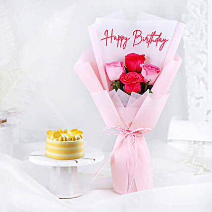 Butterscotch Bento Cake N Pink Rose Bouquet