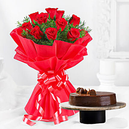Chocolate Truffle Cake and Red Roses Bouquet