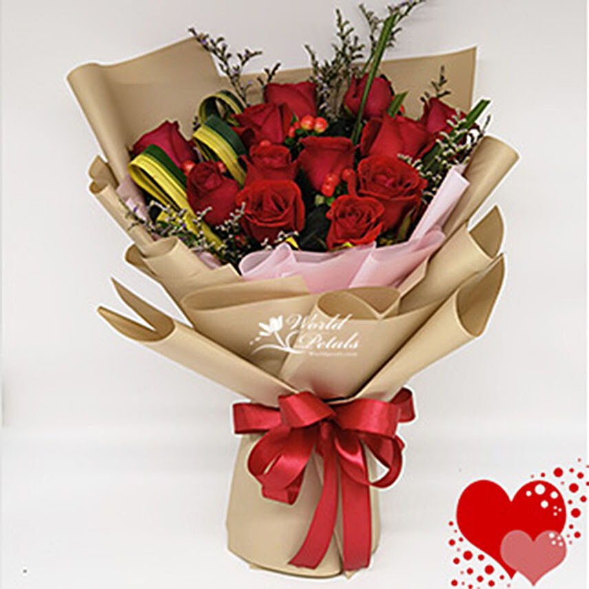Red Rose Bunch With Red Ribbon