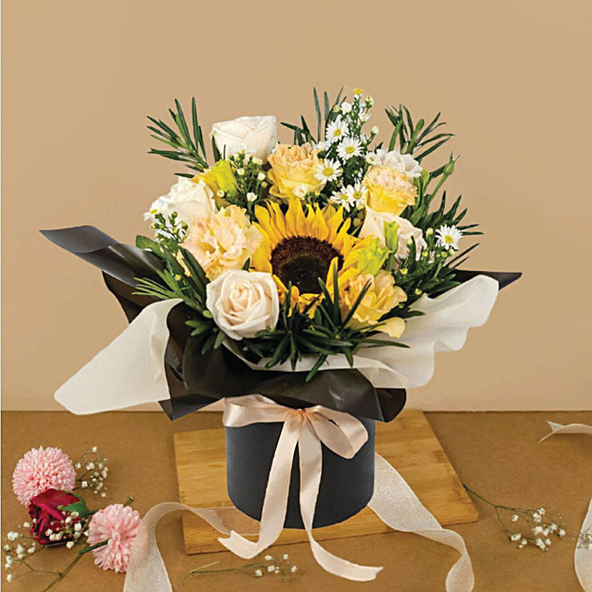 Exotic Sunflower And Cream Roses Black Box:Flower Arrangements in Malaysia