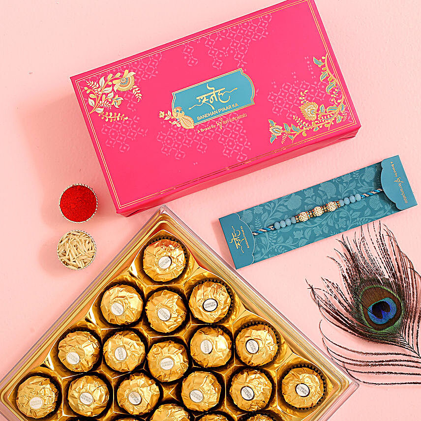 Sea Blue Pearl And Thread Designer Rakhi With 16 Ferrero Rocher