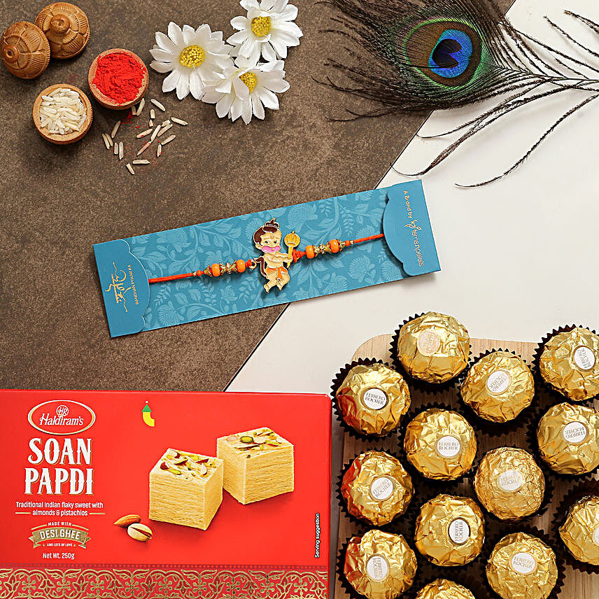 Bal Hanuman Kids Rakhi With Soanpapdi And Ferrero Rocher:Rakhi and Chocolates to Malaysia
