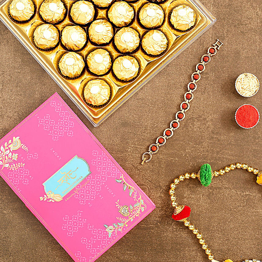 Spiritual Rudraksha Bracelet Rakhi And 16 Pcs Ferrero Rocher:Same Day Gifts to Malaysia
