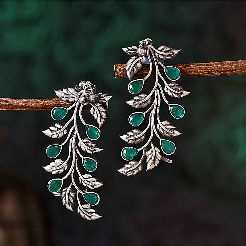 Green Stone Leafy Silver Oxidised Earrings