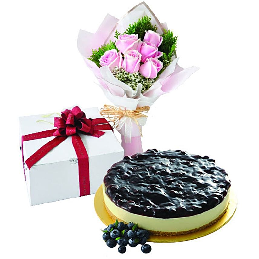 Blueberry Cheesecake And Roses Bouquet:Cheesecakes Delivery in Malaysia
