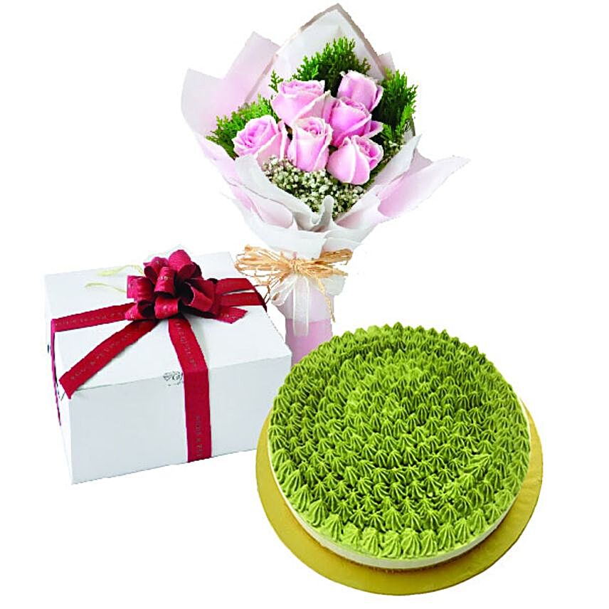 Matcha Green Tea NoBake Cheesecake And Roses Bouquet:Cake Delivery in Malaysia