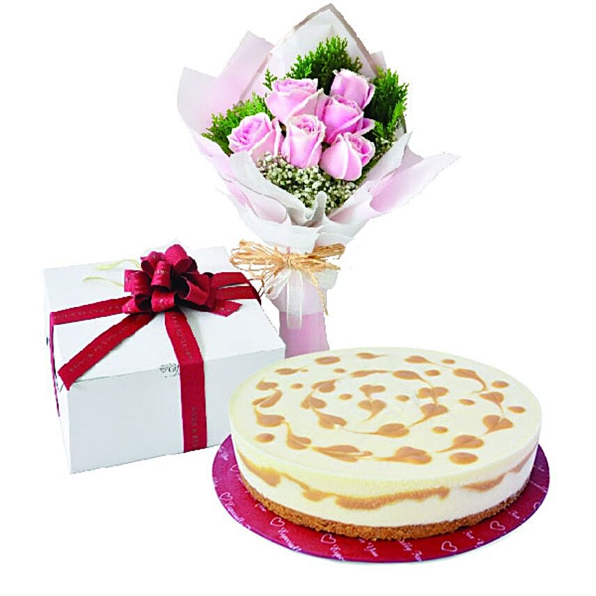 Sweet And Salted Caramel Cheesecake And Roses Bouquet:Order Cake in Malaysia
