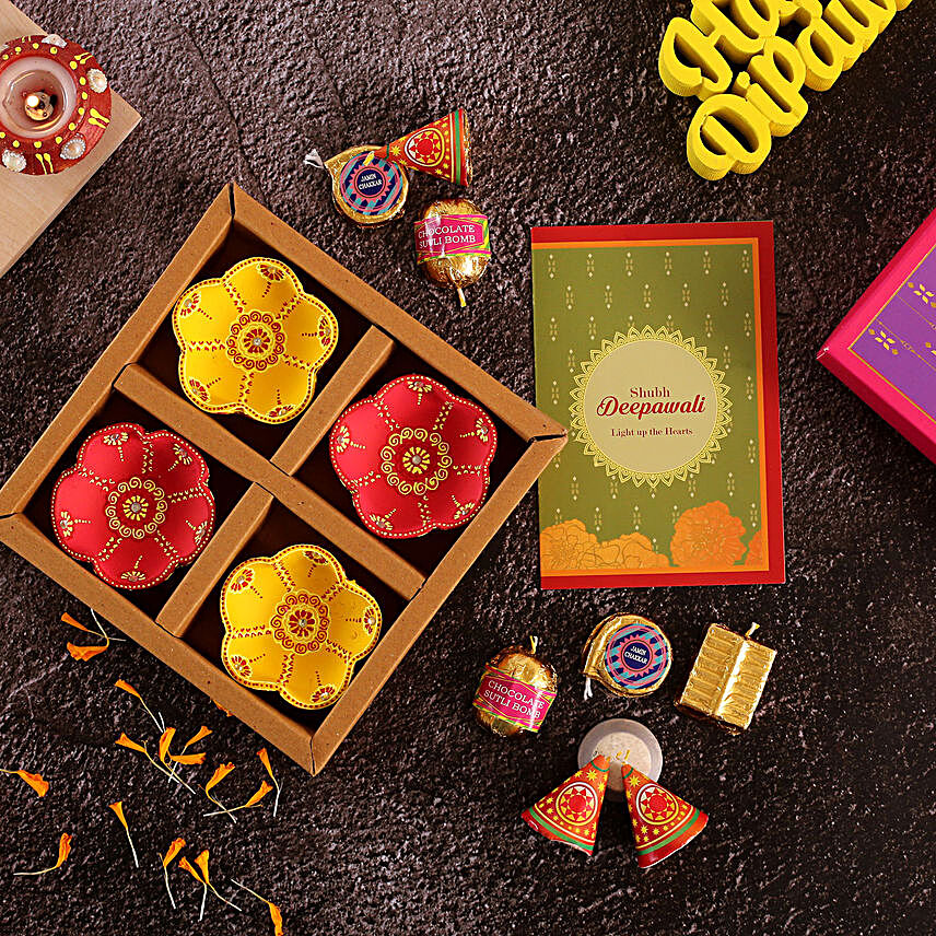 Set Of 4 Flower Diyas And Cracker Shaped Chocolates:Send Diwali Gifts to Malaysia