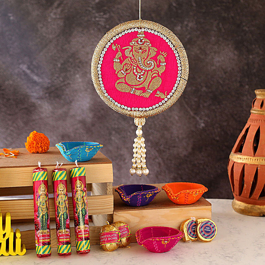 Set Of 4 Diyas And Cracker Shaped Chocolates:Send Diwali Gifts to Malaysia