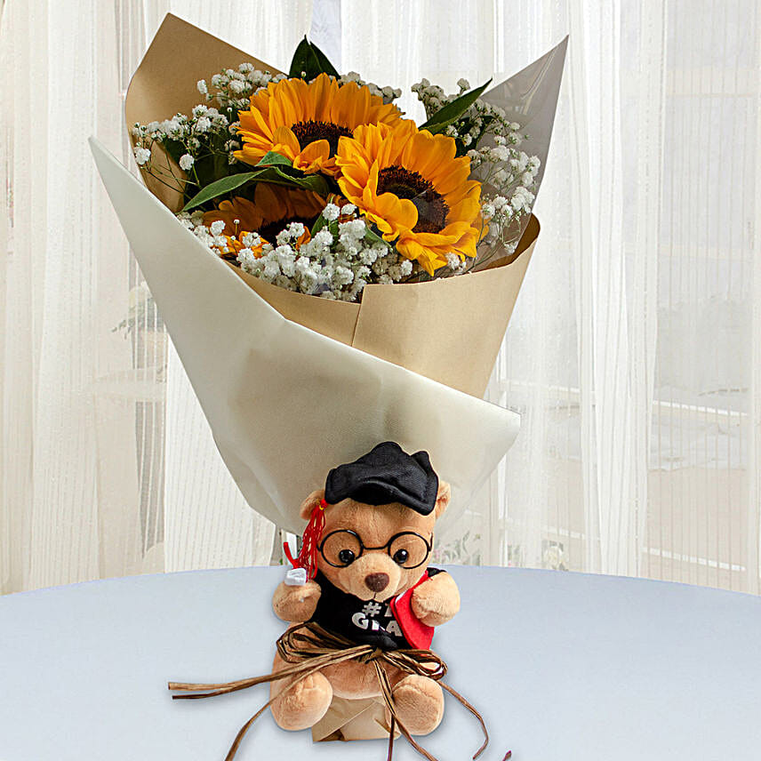 Sunflower Bouquet With Cute Teddy