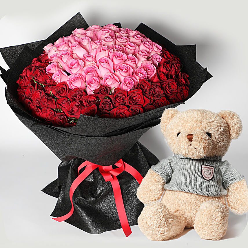 Teddy And 150 Roses Bouquet:Send Romantic Gifts to Malaysia