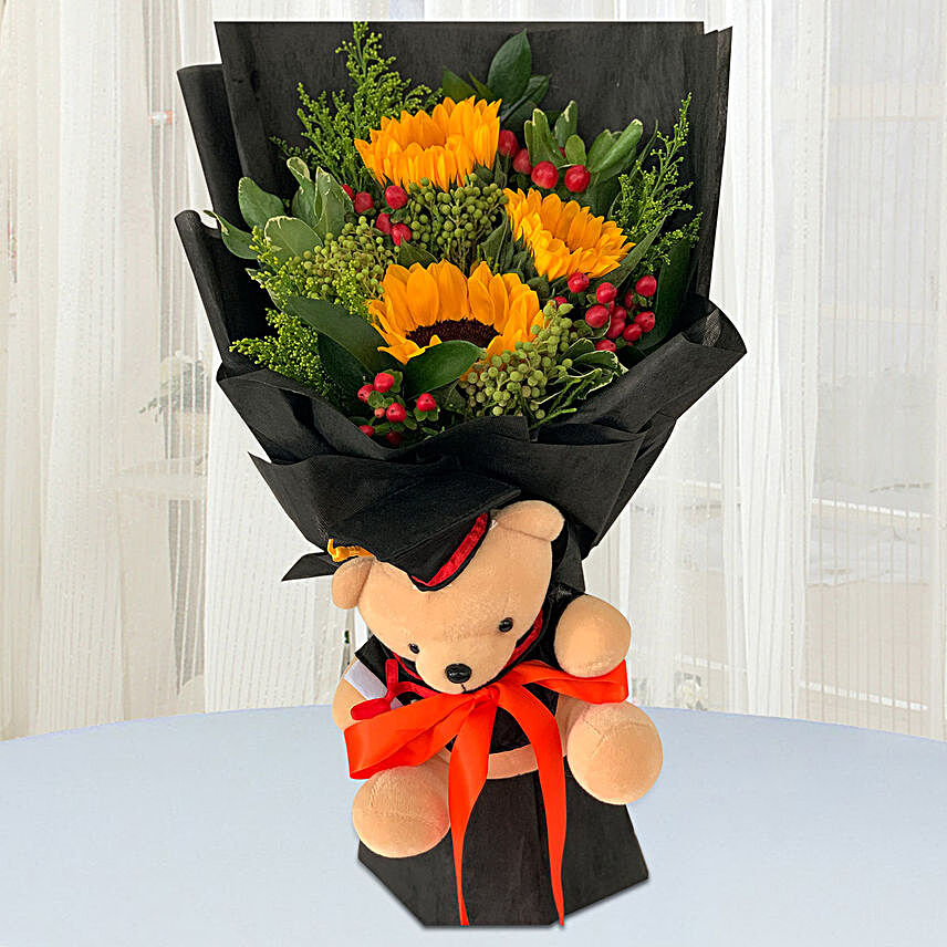 Vibrant Flower Bouquet With Graduation Teddy:Send Sunflowers to Malaysia