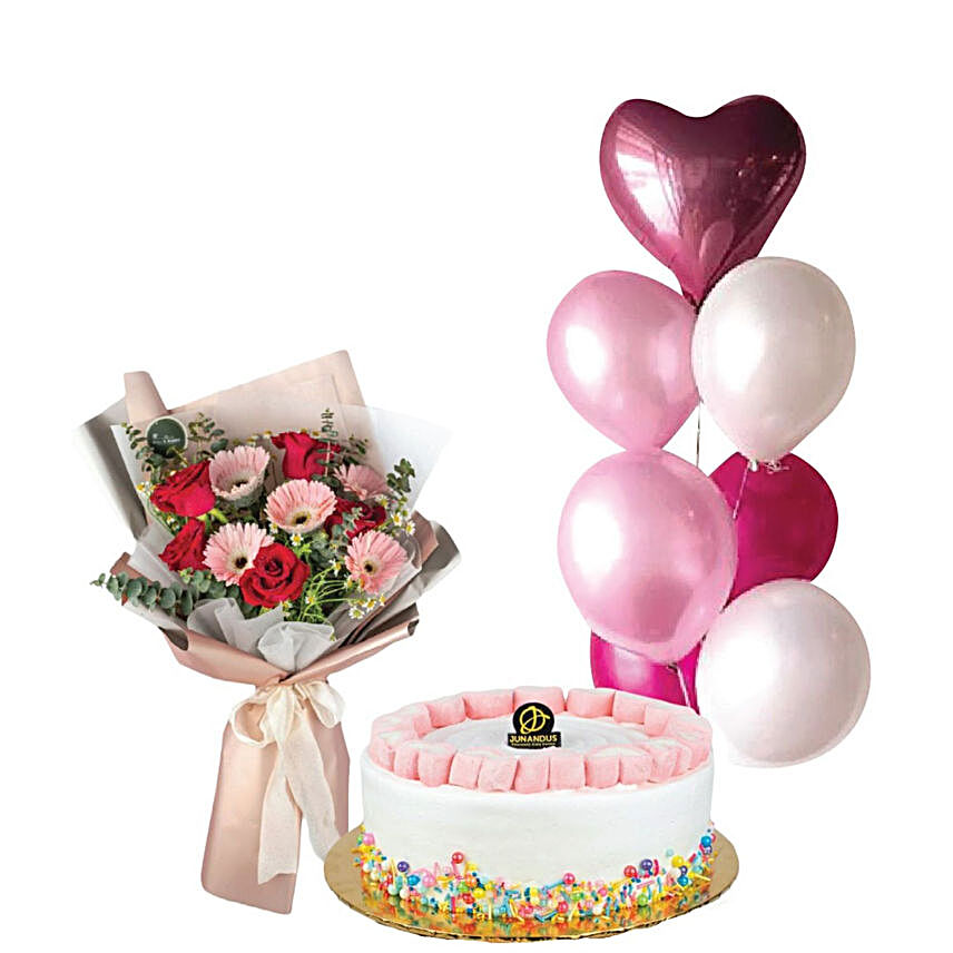 Cake With Pink Lara Balloon Bunch And Floral Bouquet