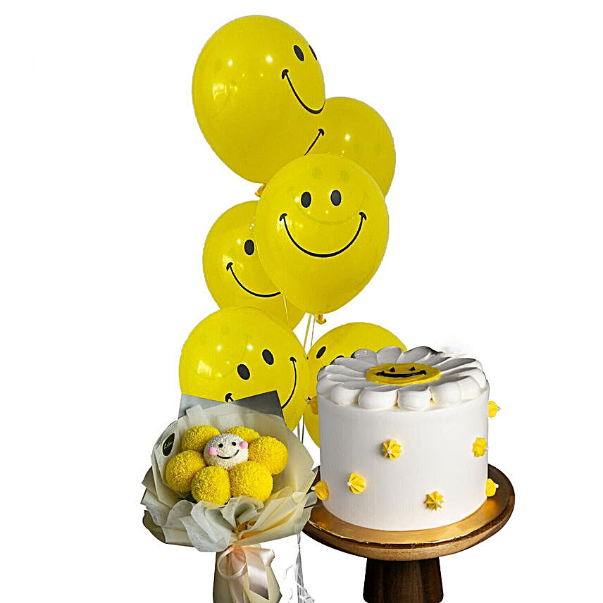 Fruit Cake With Smiley Balloon Bunch And Floral Bouquet