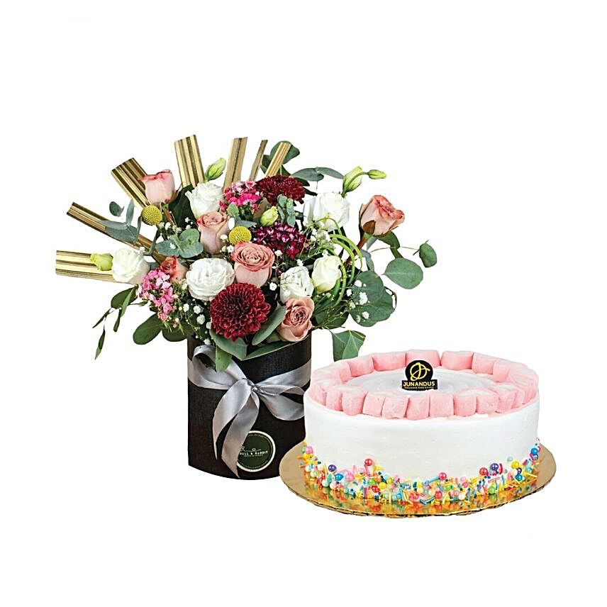 Red Velvet Rainbow Cake And Mixed Flowers Box