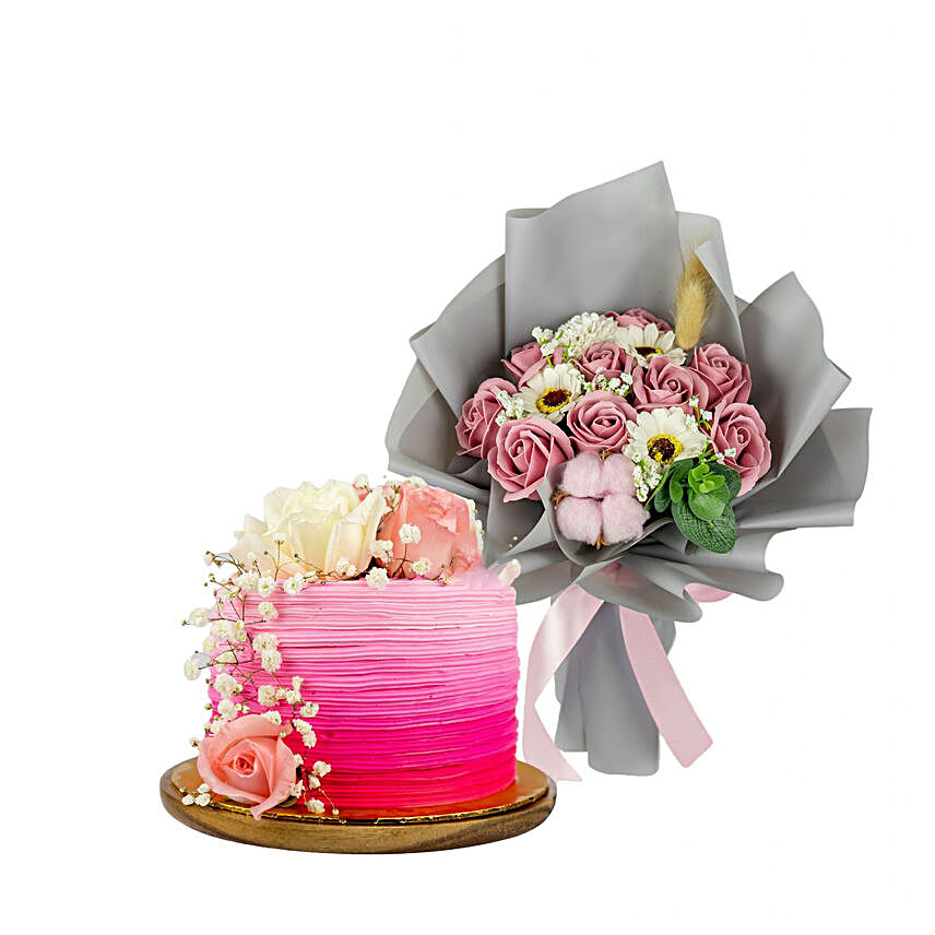 Roses Designer Cake And Mixed Flowers Bouquet:Order Cake in Malaysia