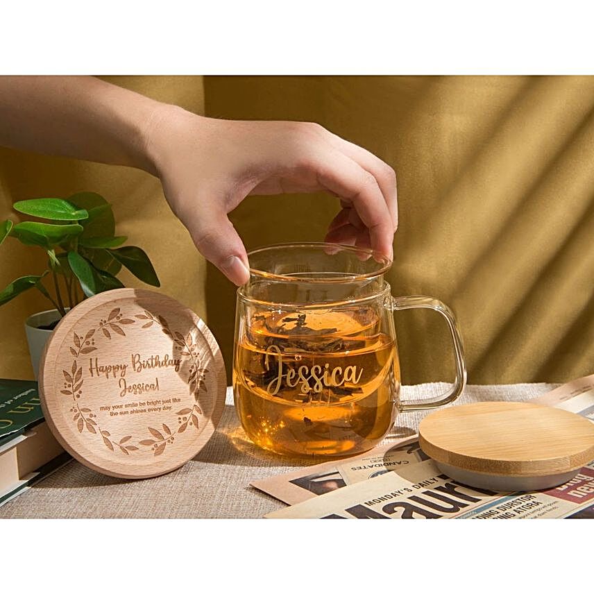 Personalised Glass Tea Cup With Lid And Coaster