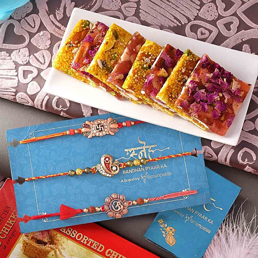 Set Of 3 Traditional Rakhis And Assorted Chikki:Rakhi and Sweets to Malaysia