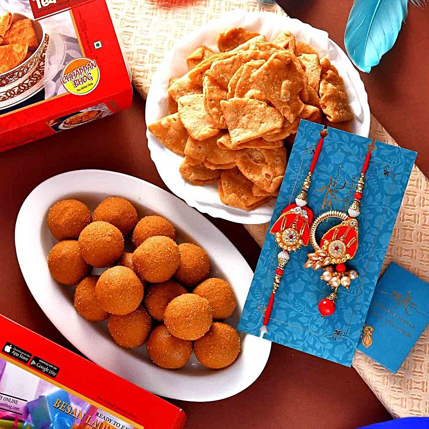 Bhaiya Bhabhi Rakhi Set With Laddoo And Suhal:Rakhi with Sweets to Malaysia