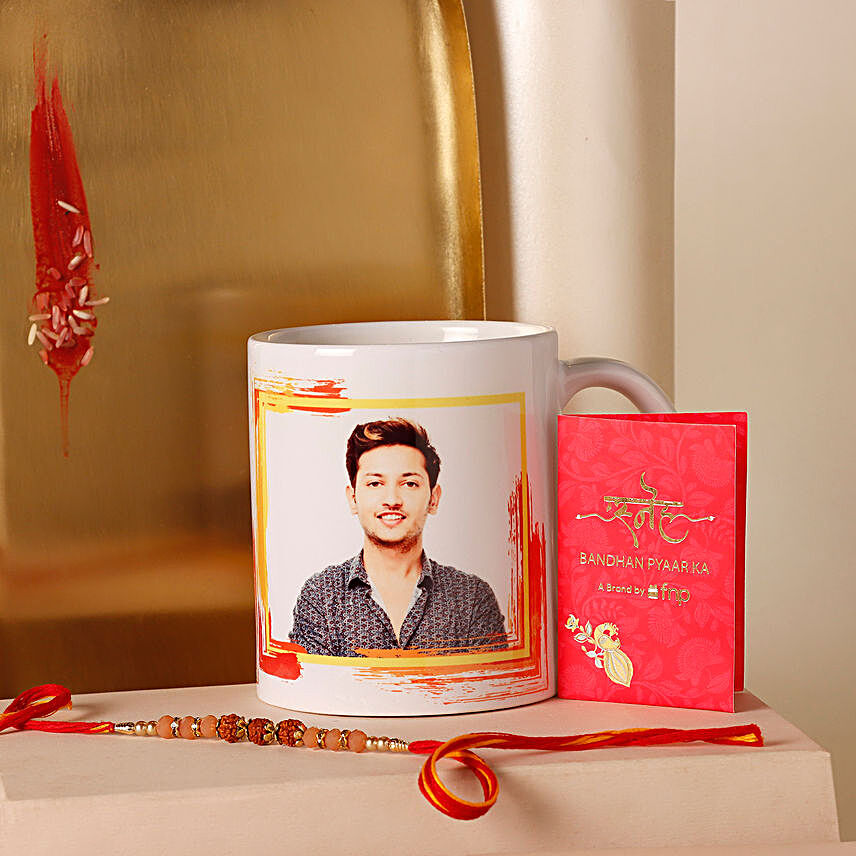 Sneh 3 Rudraksha Beads Rakhi and Personalised Mug:Rakhi With Personalised Gifts