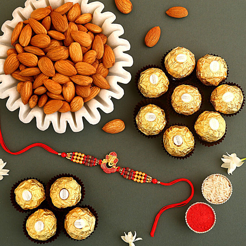 Sneh Auspicious Rakhi With Almonds & Ferrero Rocher:Rakhi and Dryfruits to Malaysia