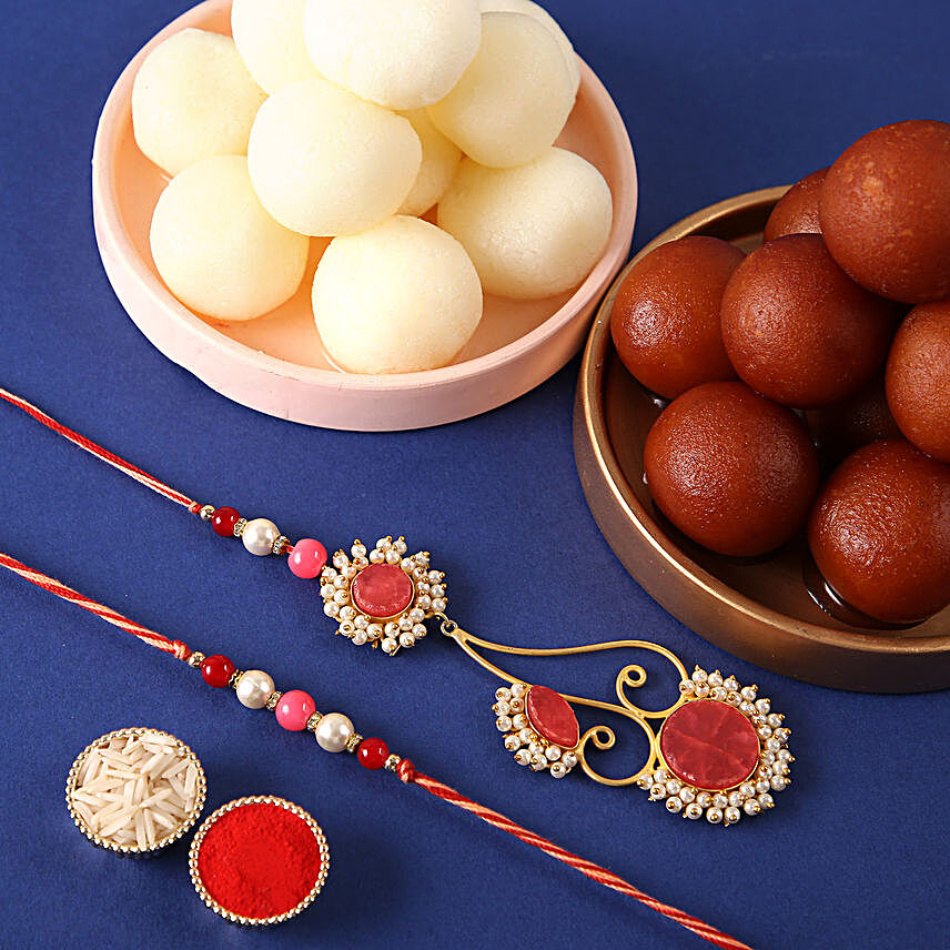 Sneh Floral Rakhi Set With Gulabjamun & Rasgullas:Rakhi with Sweets to Malaysia