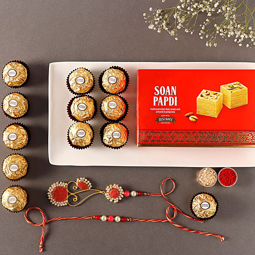 Sneh Floral Rakhi Set With Soan Papdi & Chocolate Box:Rakhi and Chocolates to Malaysia