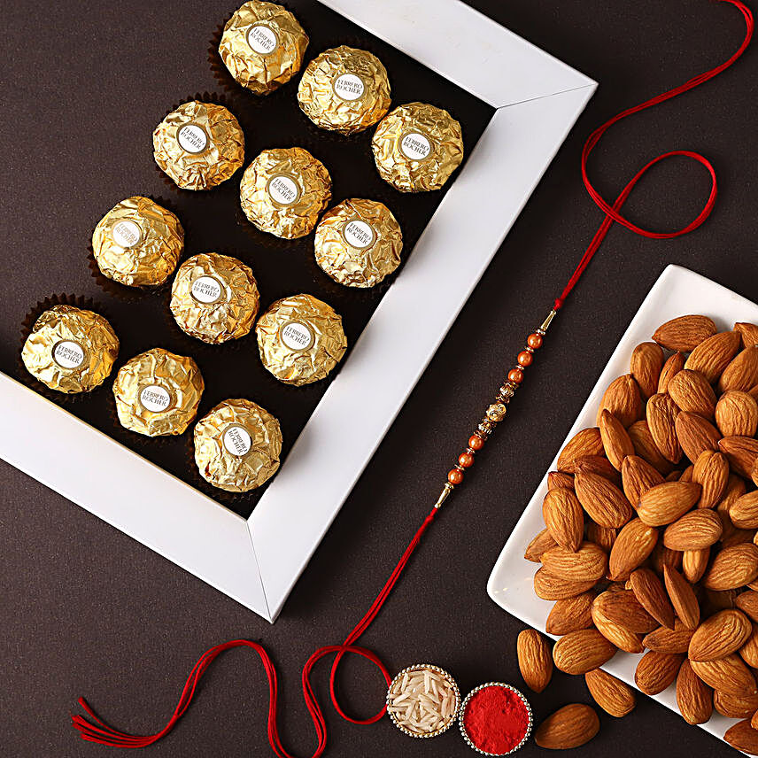 Sneh Rose Gold Rakhi With Almonds & Ferrero Rocher:Rakhi Delivery in Malaysia