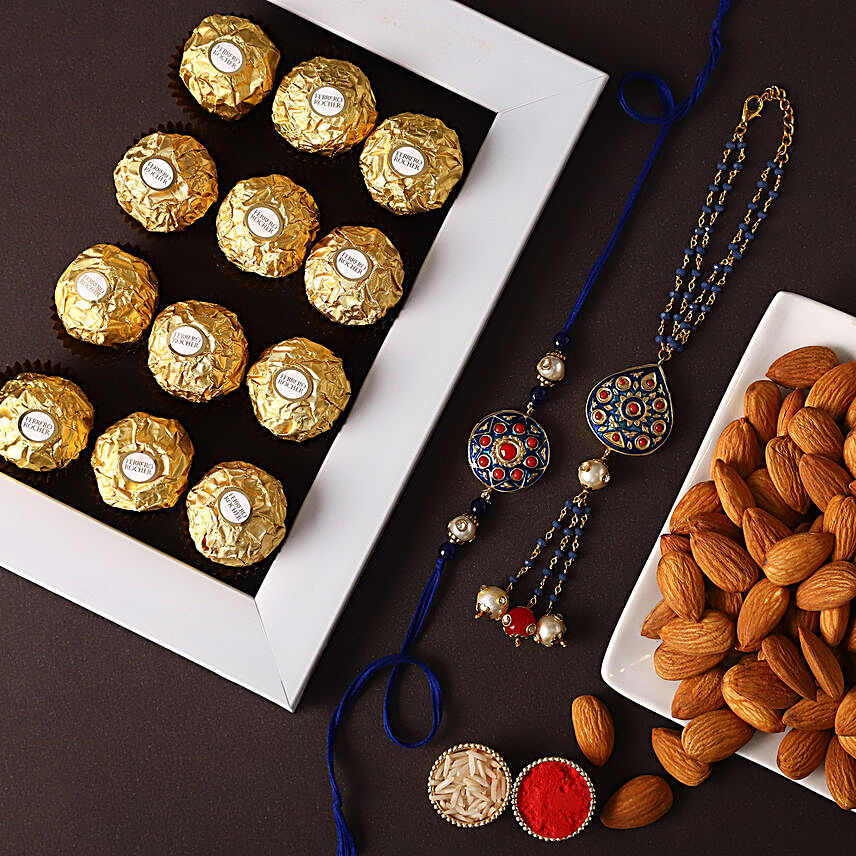 Sneh Traditional Rakhis With Almonds & Chocolate Box:Rakhi With Dry Fruits to Malaysia