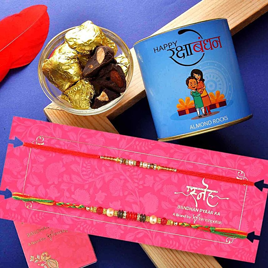 Beads And Stones Rakhi Set With Chocolate Almond Rocks:Rakhi with Chocolates to Malaysia