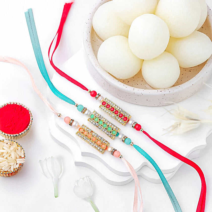 Sparkling Gemstone Trio Rakhi Set N Rasggulla Delight