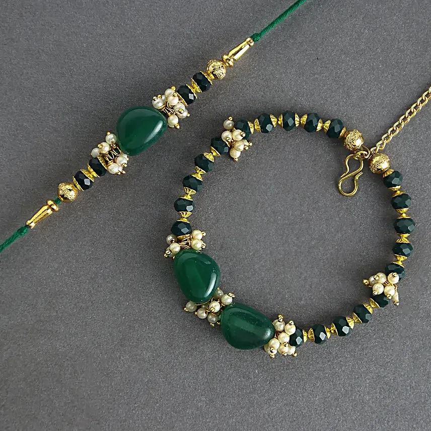 Enchanted Emerald Bhaiya Bhabhi Pearl Set N Rakhi Delights